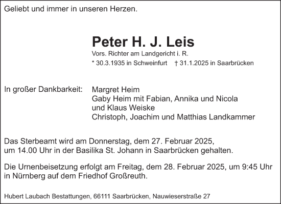 Traueranzeige von Peter H. J. Leis von saarbruecker_zeitung