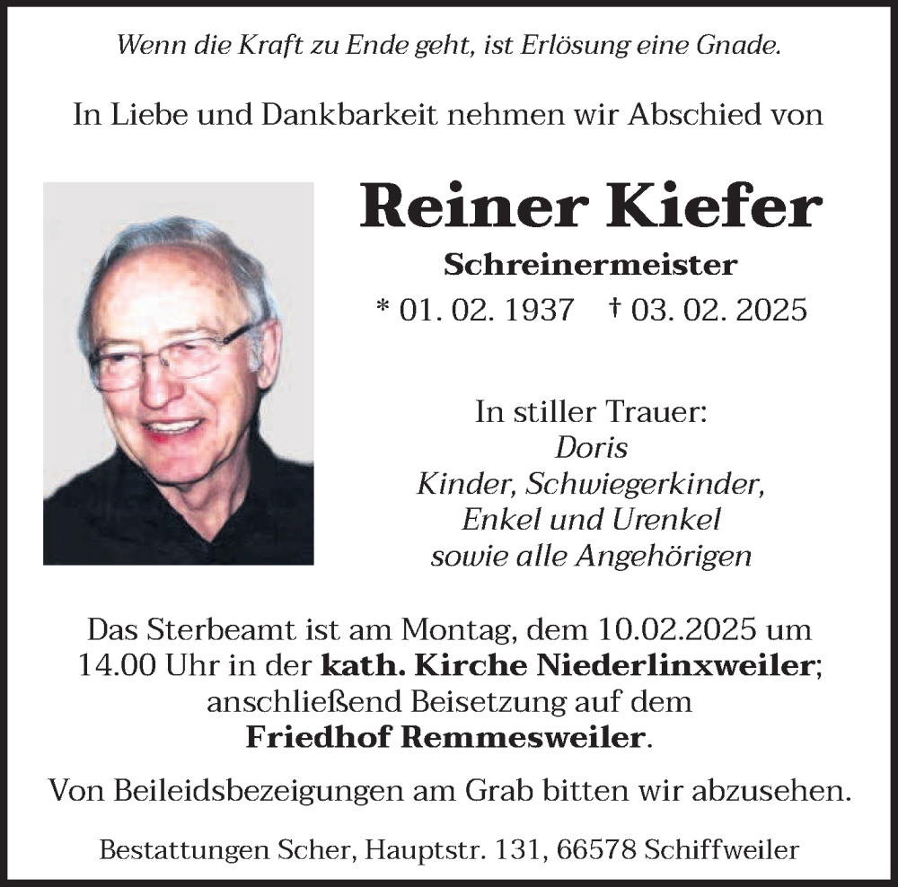  Traueranzeige für Reiner Kiefer vom 06.02.2025 aus saarbruecker_zeitung