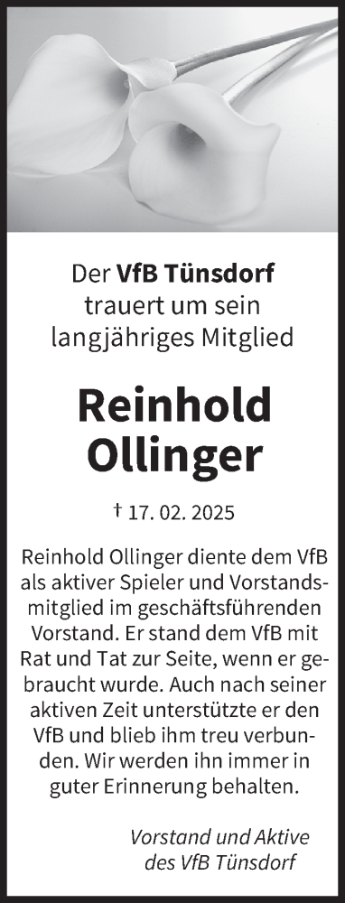 Traueranzeige von Reinhold Ollinger von saarbruecker_zeitung