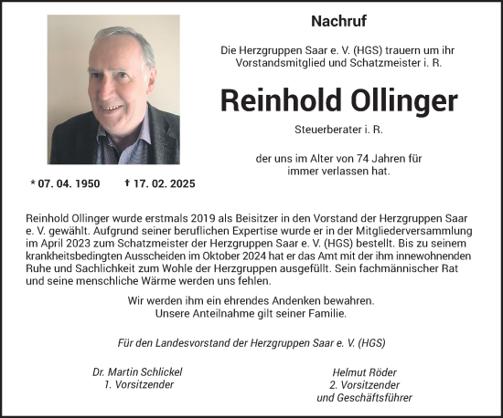 Traueranzeige von Reinhold Ollinger von saarbruecker_zeitung