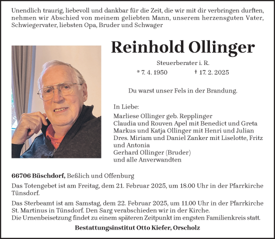 Traueranzeige von Reinhold Ollinger von saarbruecker_zeitung