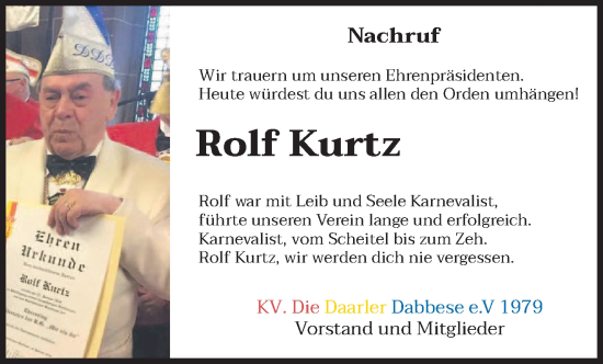 Traueranzeige von Rolf Kurtz von saarbruecker_zeitung
