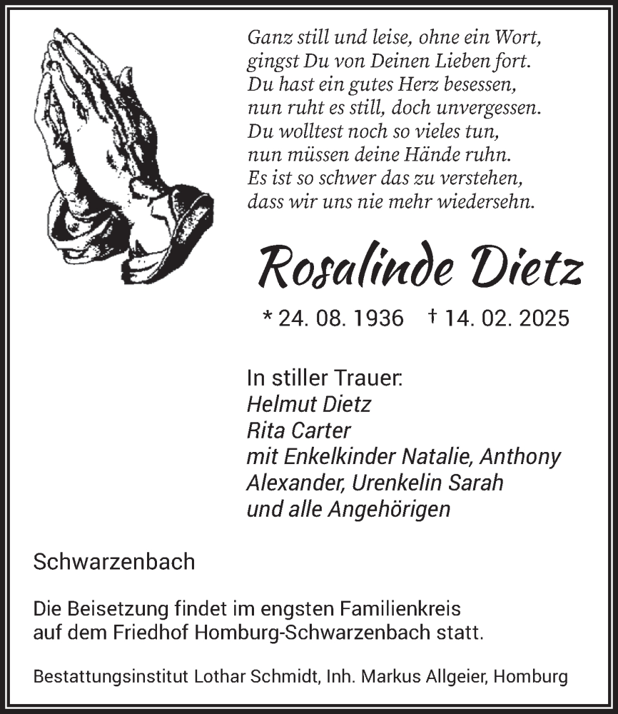  Traueranzeige für Rosalinde Dietz vom 22.02.2025 aus saarbruecker_zeitung