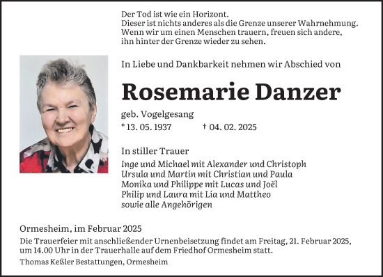 Traueranzeige von Rosemarie Danzer von saarbruecker_zeitung