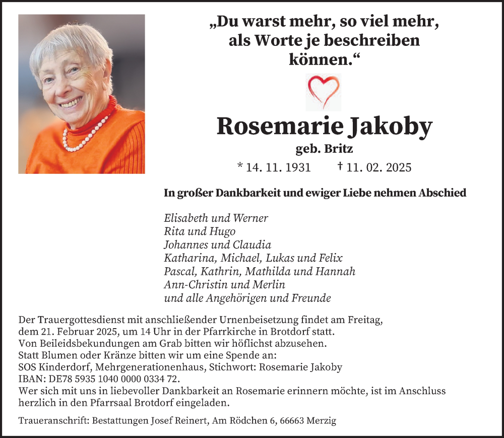 Traueranzeige für Rosemarie Jakoby vom 15.02.2025 aus saarbruecker_zeitung