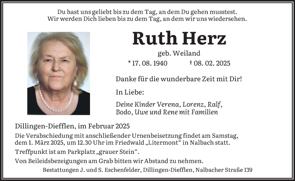  Traueranzeige für Ruth Herz vom 22.02.2025 aus saarbruecker_zeitung