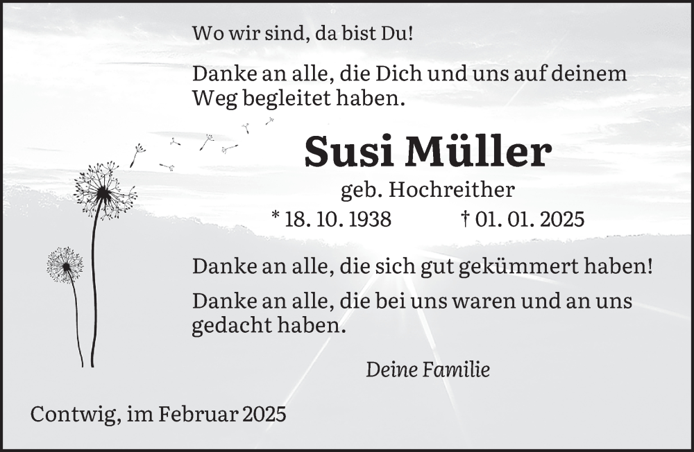  Traueranzeige für Susi Müller vom 08.02.2025 aus saarbruecker_zeitung