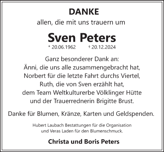 Traueranzeige von Sven Peters von saarbruecker_zeitung