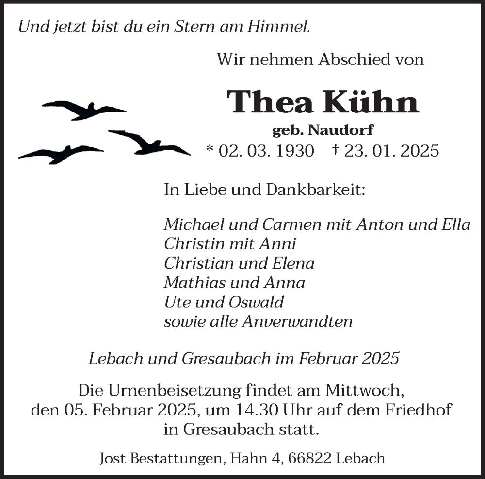  Traueranzeige für Thea Kühn vom 01.02.2025 aus saarbruecker_zeitung