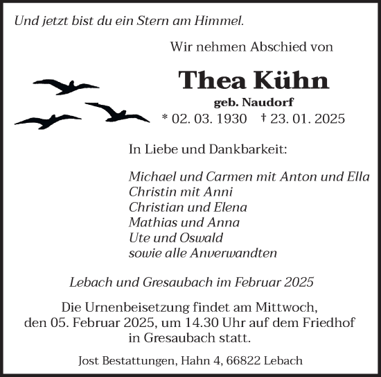 Traueranzeige von Thea Kühn von saarbruecker_zeitung