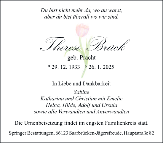 Traueranzeige von Therese Brück von saarbruecker_zeitung