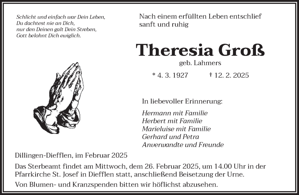  Traueranzeige für Theresia Groß vom 22.02.2025 aus saarbruecker_zeitung