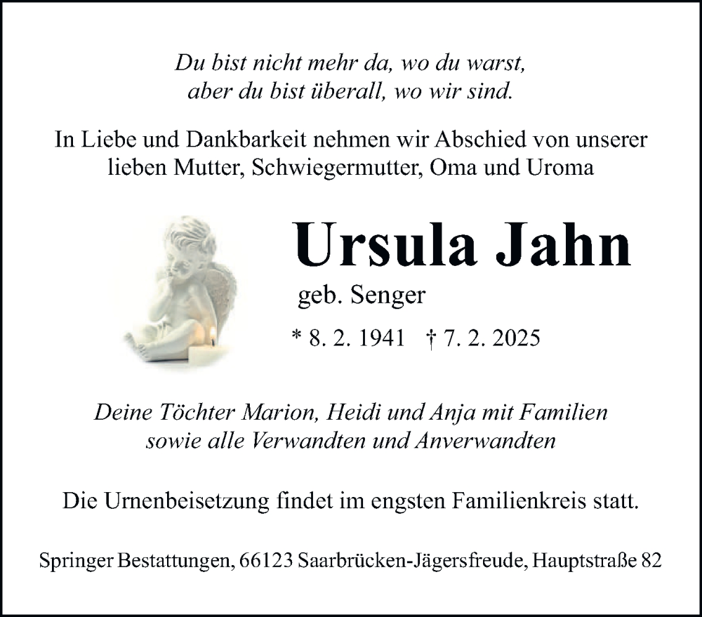  Traueranzeige für Ursula Jahn vom 15.02.2025 aus saarbruecker_zeitung