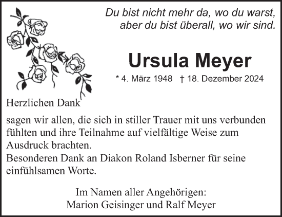 Traueranzeige von Ursula Meyer von saarbruecker_zeitung