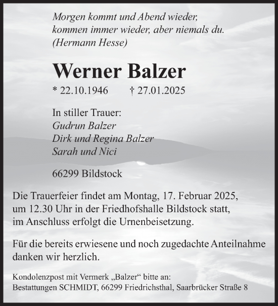 Traueranzeige von Werner Balzer von saarbruecker_zeitung
