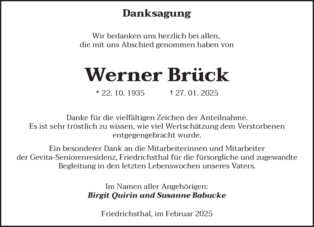  Traueranzeige für Werner Brück vom 22.02.2025 aus saarbruecker_zeitung