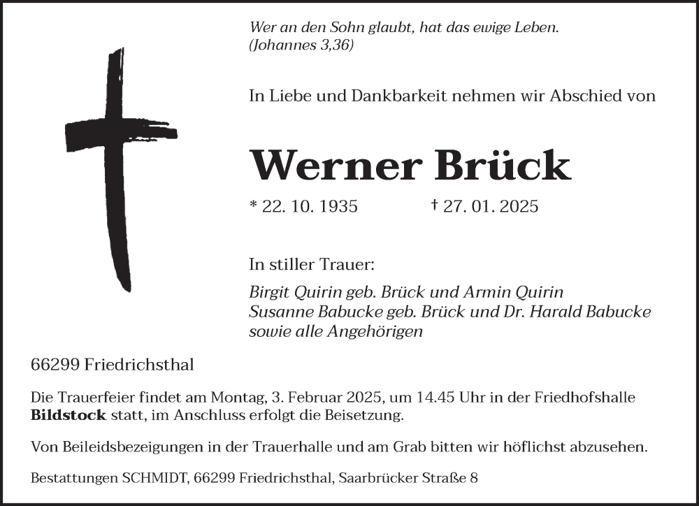  Traueranzeige für Werner Brück vom 01.02.2025 aus saarbruecker_zeitung