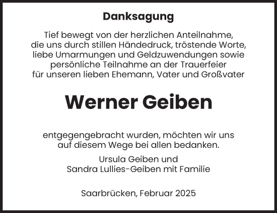 Traueranzeige von Werner Geiben von saarbruecker_zeitung