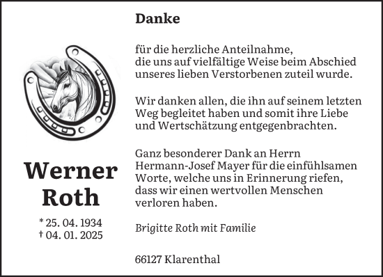 Traueranzeige von Werner Roth von saarbruecker_zeitung