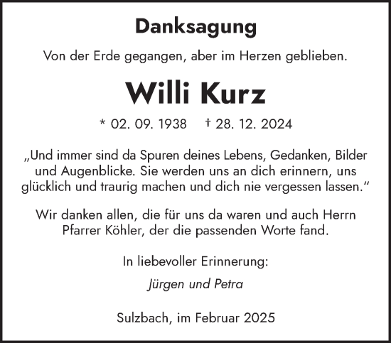Traueranzeige von Willi Kurz von saarbruecker_zeitung