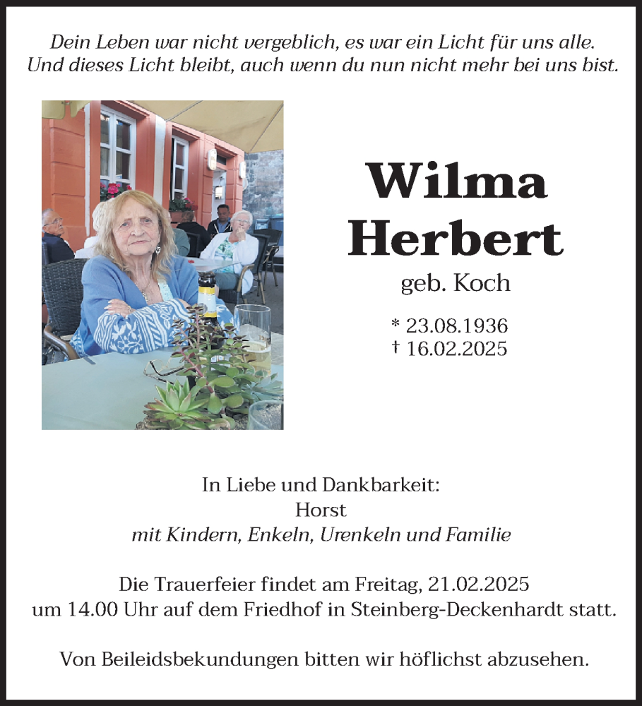  Traueranzeige für Wilma Herbert vom 19.02.2025 aus saarbruecker_zeitung