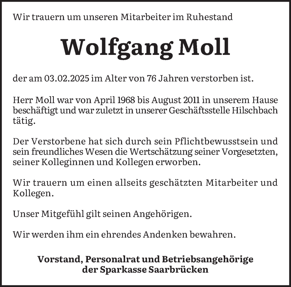  Traueranzeige für Wolfgang Moll vom 22.02.2025 aus saarbruecker_zeitung