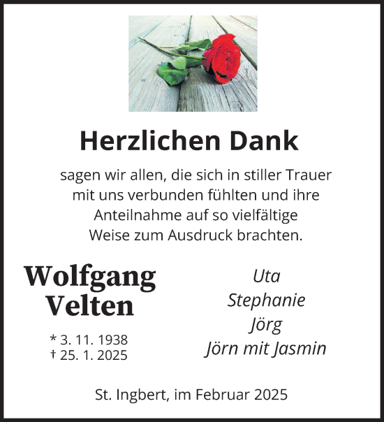 Traueranzeige von Wolfgang Velten von saarbruecker_zeitung