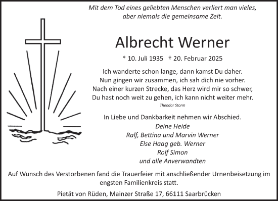 Traueranzeige von Albrecht Werner von saarbruecker_zeitung