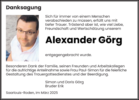 Traueranzeige von Alexander Görg von saarbruecker_zeitung