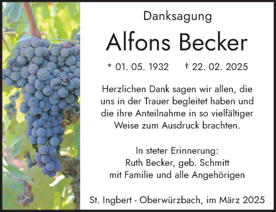 Traueranzeige von Alfons Becker von saarbruecker_zeitung