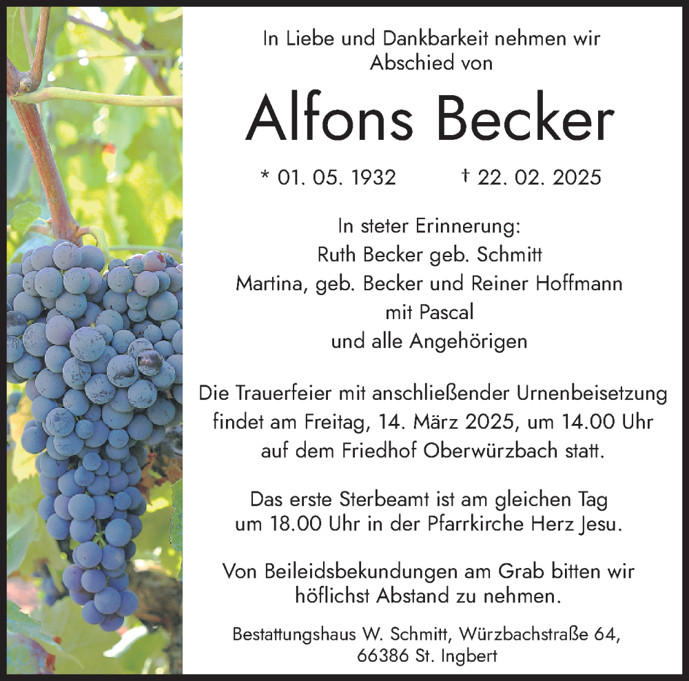  Traueranzeige für Alfons Becker vom 08.03.2025 aus saarbruecker_zeitung