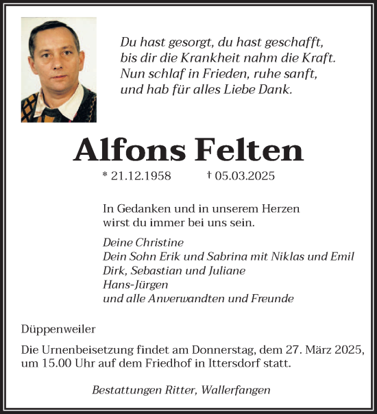 Traueranzeige von Alfons Felten von saarbruecker_zeitung