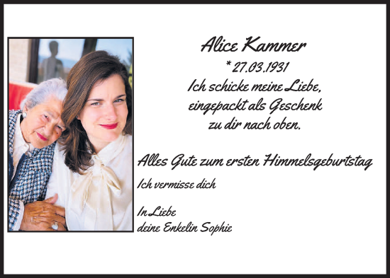 Traueranzeige von Alice Kammer von saarbruecker_zeitung
