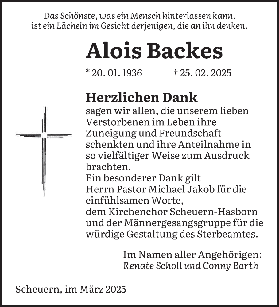  Traueranzeige für Alois Backes vom 29.03.2025 aus saarbruecker_zeitung