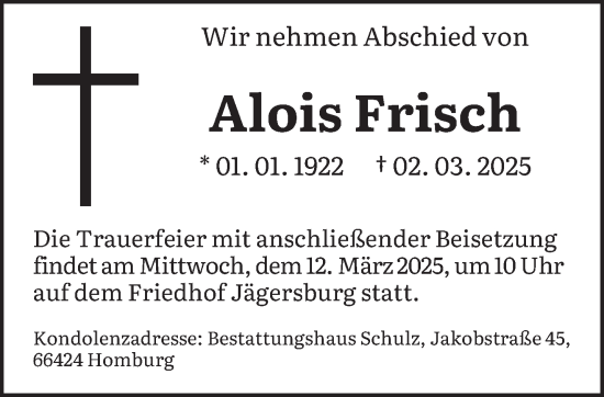 Traueranzeige von Alois Frisch von saarbruecker_zeitung