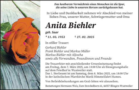 Traueranzeige von Anita Biehler von saarbruecker_zeitung