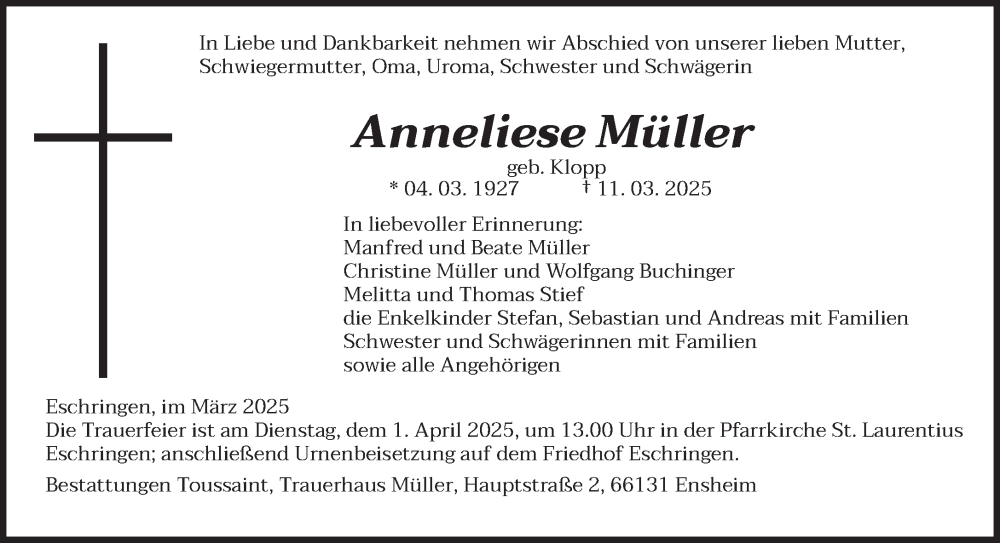  Traueranzeige für Anneliese Müller vom 22.03.2025 aus saarbruecker_zeitung