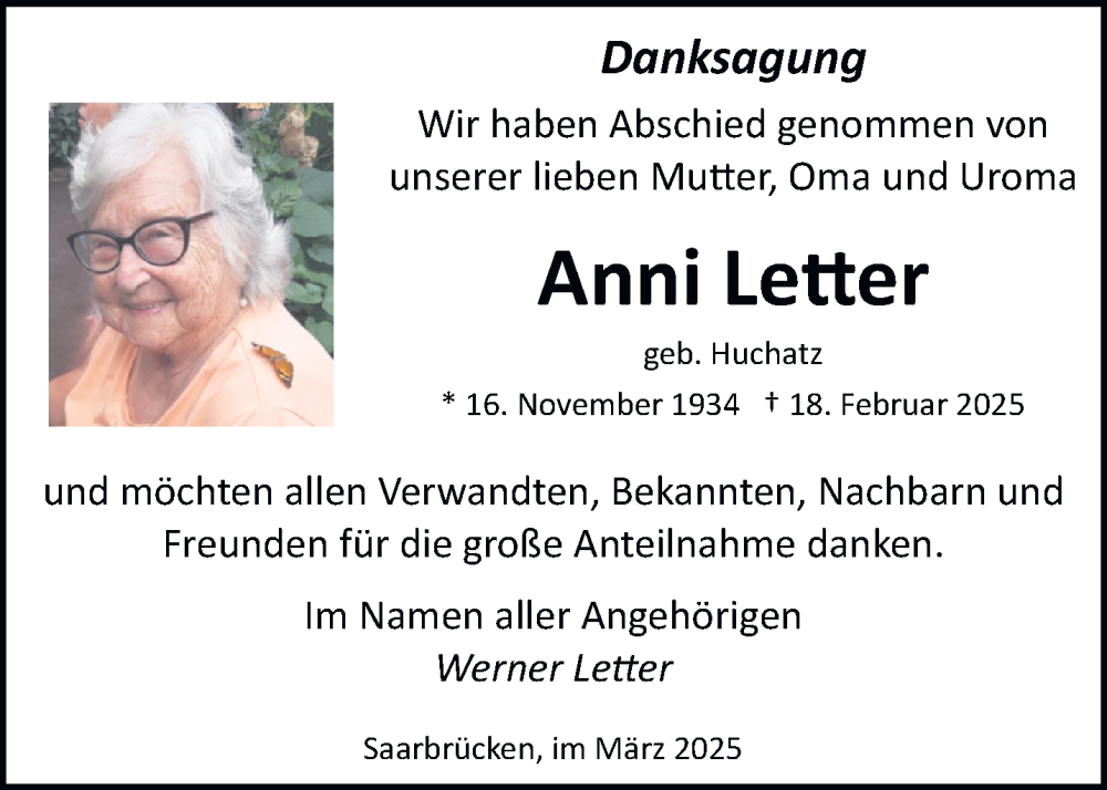  Traueranzeige für Anni Letter vom 15.03.2025 aus saarbruecker_zeitung