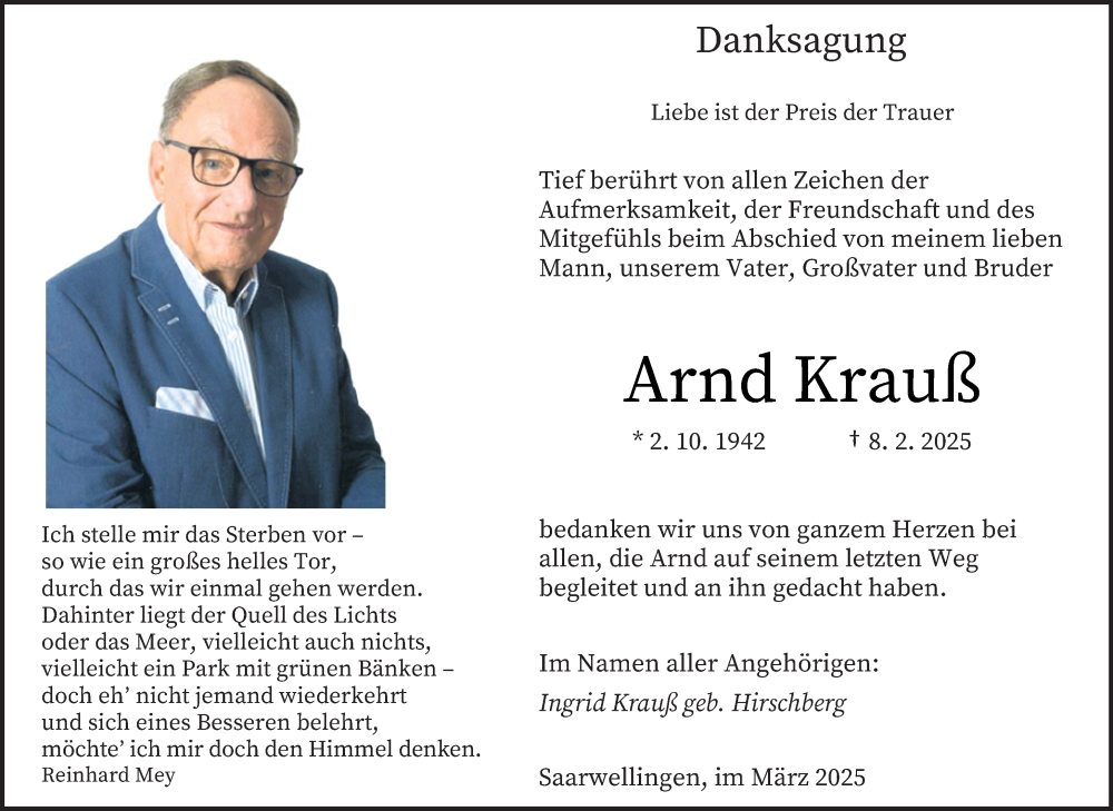  Traueranzeige für Arnd Krauß vom 08.03.2025 aus saarbruecker_zeitung
