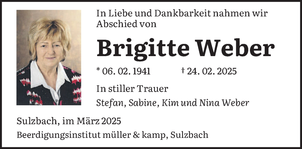  Traueranzeige für Brigitte Weber vom 22.03.2025 aus saarbruecker_zeitung