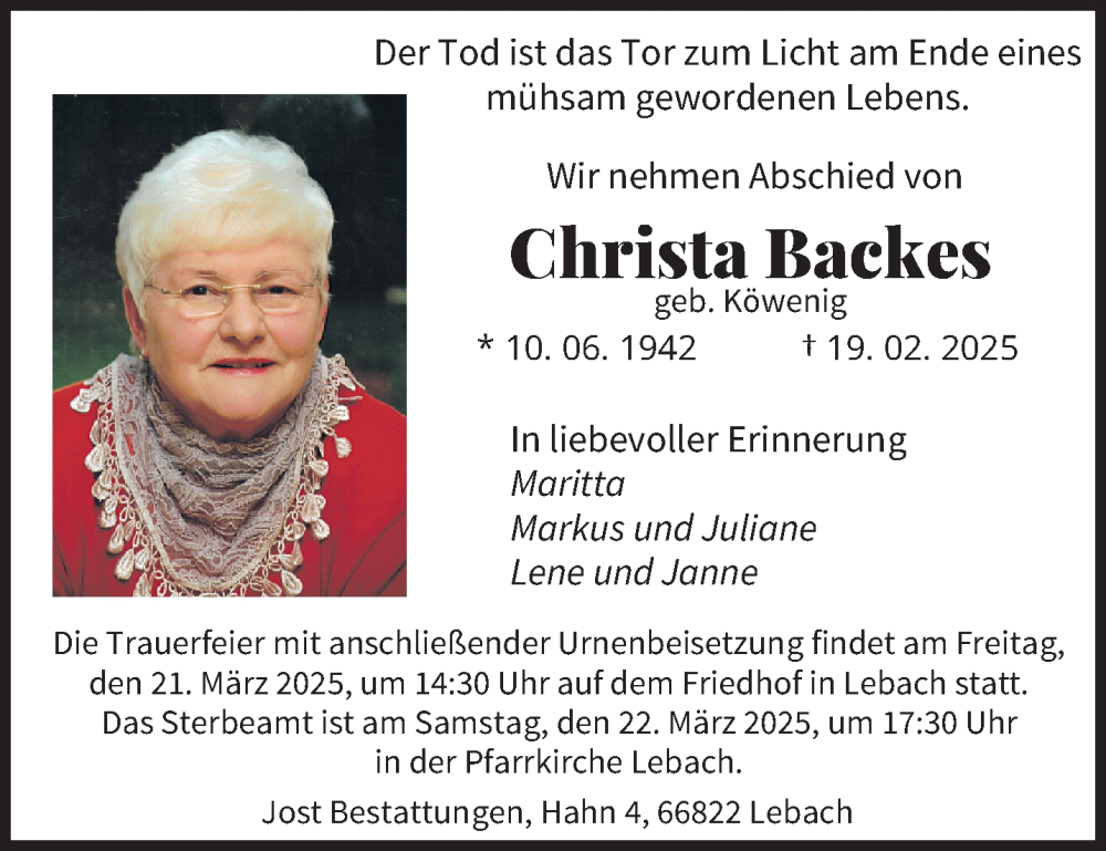  Traueranzeige für Christa Backes vom 15.03.2025 aus saarbruecker_zeitung