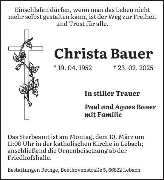 Traueranzeige von Christa Bauer von saarbruecker_zeitung