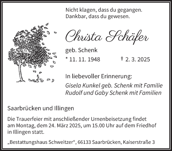 Traueranzeige von Christa Schäfer von saarbruecker_zeitung