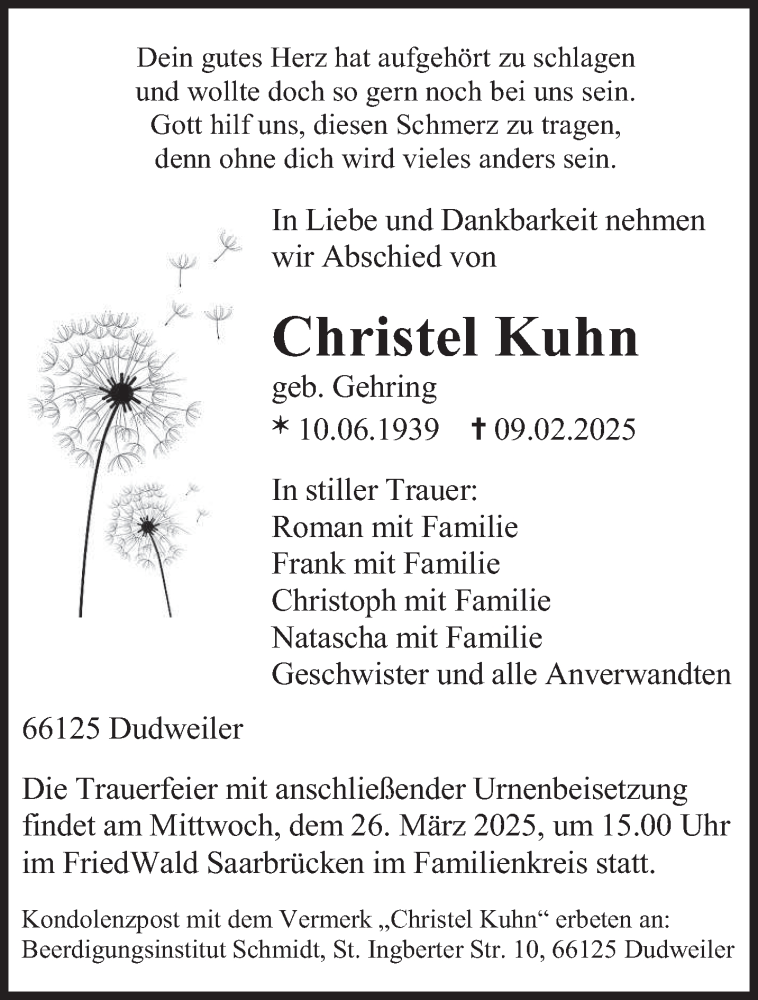  Traueranzeige für Christel Kuhn vom 01.03.2025 aus saarbruecker_zeitung