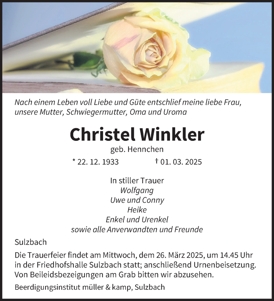  Traueranzeige für Christel Winkler vom 22.03.2025 aus saarbruecker_zeitung