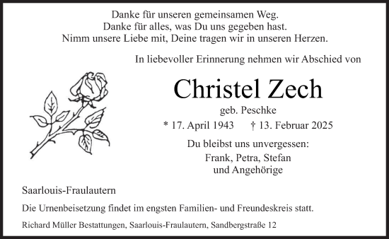 Traueranzeige von Christel Zech von saarbruecker_zeitung