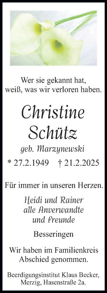  Traueranzeige für Christine Schütz vom 15.03.2025 aus saarbruecker_zeitung