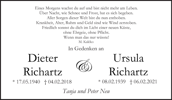 Traueranzeige von Dieter Richartz von saarbruecker_zeitung