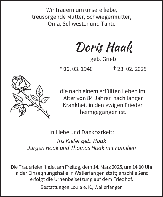 Traueranzeige von Doris Haak von saarbruecker_zeitung