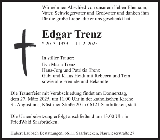 Traueranzeige von Edgar Trenz von saarbruecker_zeitung